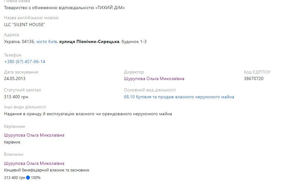 Ольга Шурупова имеет в собственности компанию ''Тихий дом''