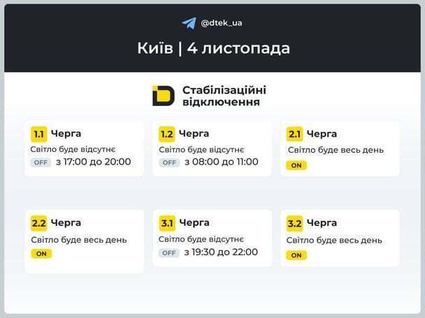 ДТЕК оприлюднив нові графіки відключень електроенергії у Києві 4 листопада