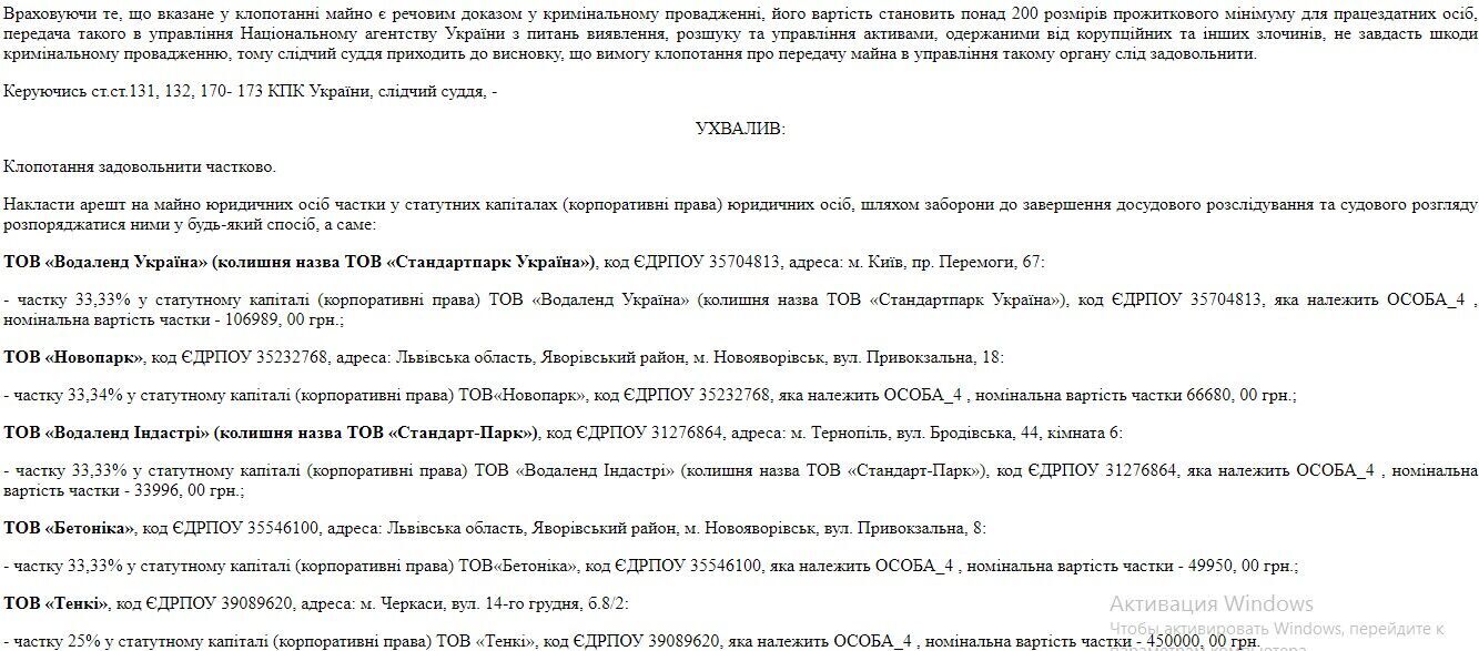 Судом был наложен арест на имущество компаний ''Водаленд Украина'', ''Бетоника'', ''Тенки'' и ''Водаленд Индастри''