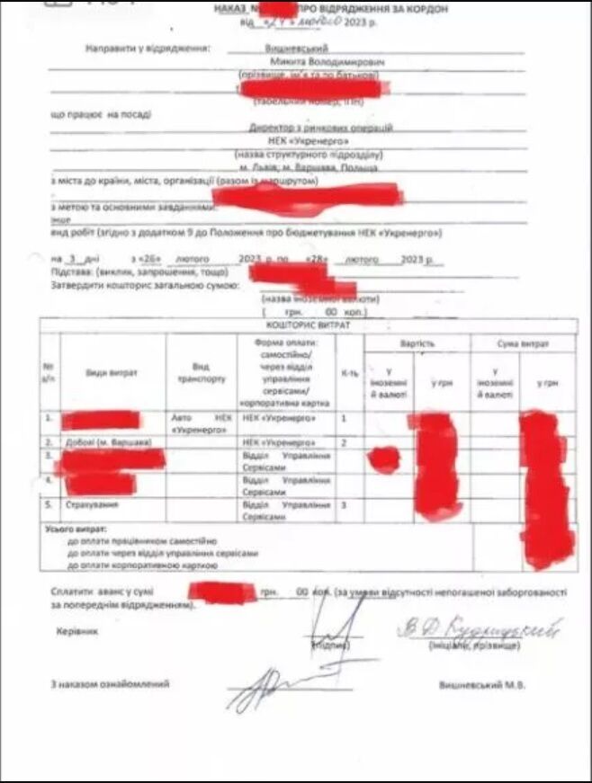 Наказ, підписаний головою ''Укренерго'' Кудрицьким, про дозвіл Микиті Вишневському покинути Україну