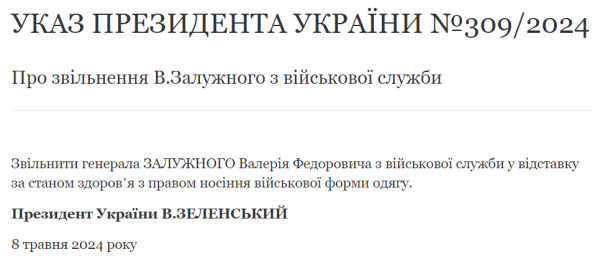 Указ об увольнении Валерия Залужного с военной службы