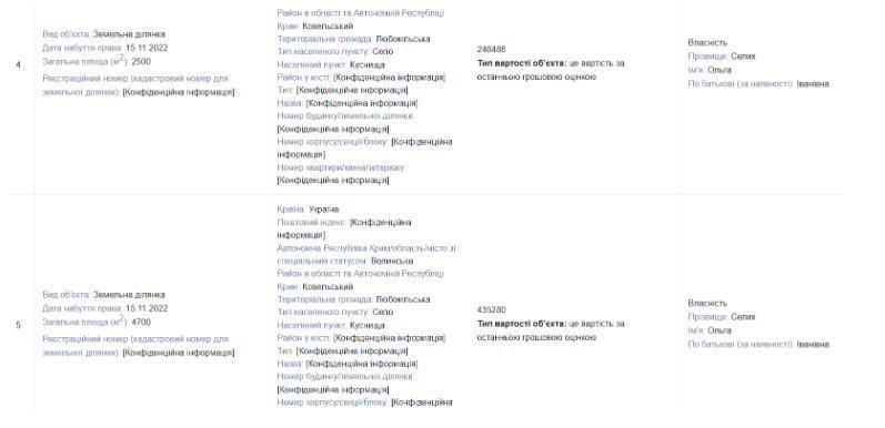 Сведения о земельных участках по декларации
