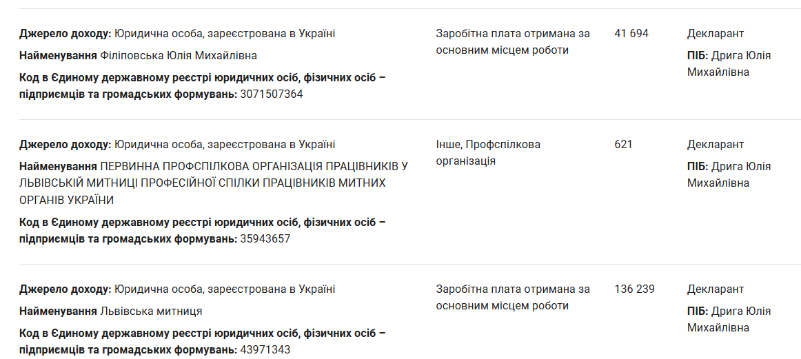 Скриншот декларации Юлии Дрыги