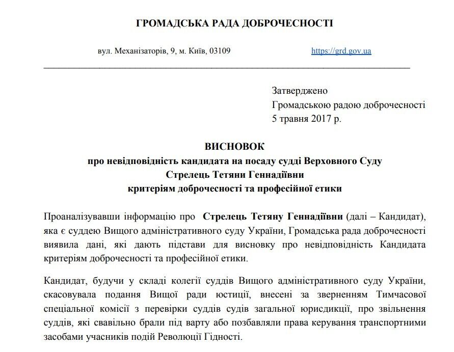 Несоответствие кандидата на должность судьи Верховного Суда Стрелец Татьяны