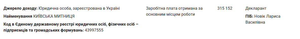 Скриншот декларации Новик Лариса