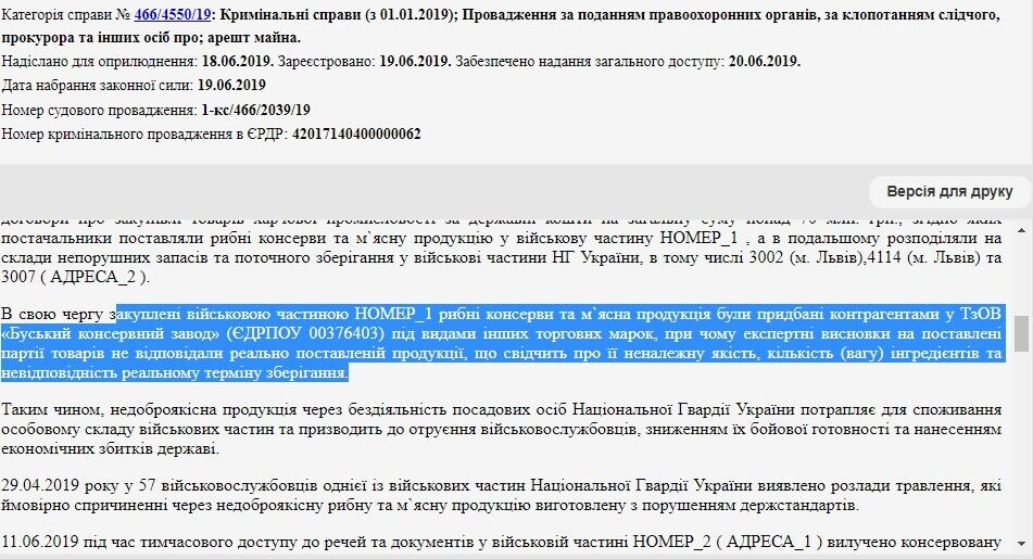 Закуплені військовою частиною рибні консерви та м’ясна продукція були придбані контрагентами у ТзОВ ''Буський консервний завод''