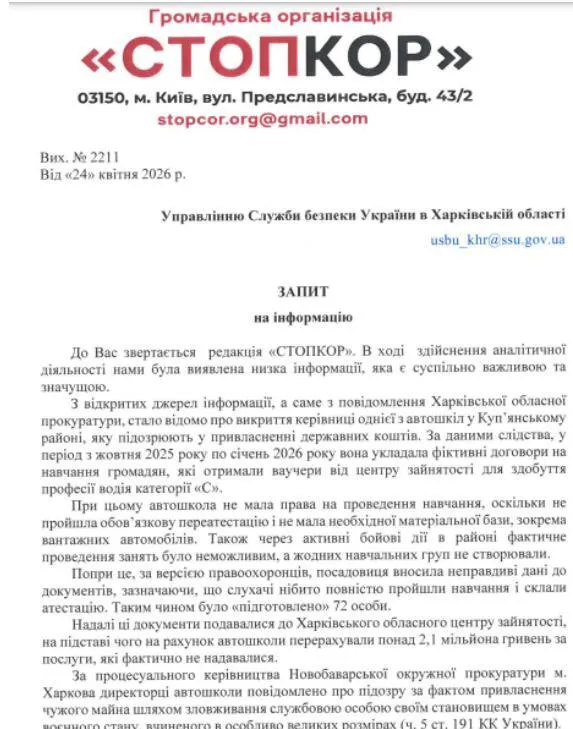 Запит до Управління Служби безпеки України в Харківській області