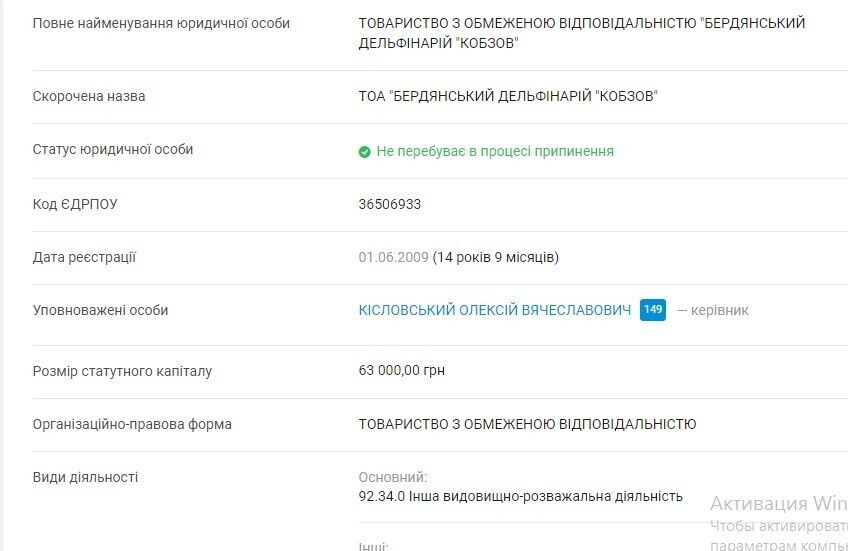 Олексій Кисловський є власнимком ТОВ ''Бердянський дельфінарій ''Кобзов''