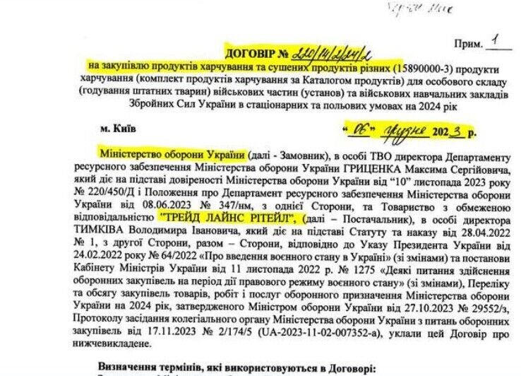 В декабре 2023 г. Минобороны с ООО ''ТРЕЙД ЛАЙНС РИТЕЙЛ'' подписан договор на поставку продовольствия