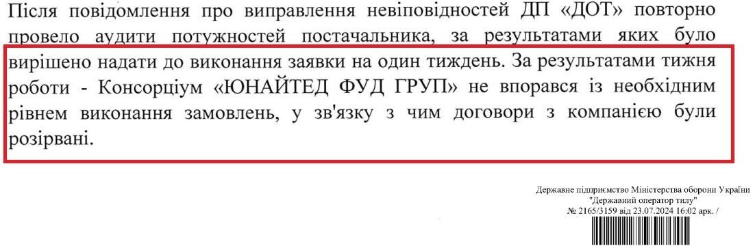 За інформацією ДОТ договори з ТОВ “Юнайтед фуд груп'' розірвано