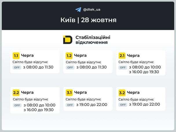 Оновлені графіки відключень світла: ДТЕК повідомив про черги у Києві та на Київщині 28 жовтня