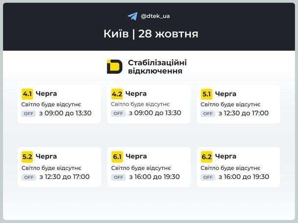 Оновлені графіки відключень світла: ДТЕК повідомив про черги у Києві та на Київщині 28 жовтня