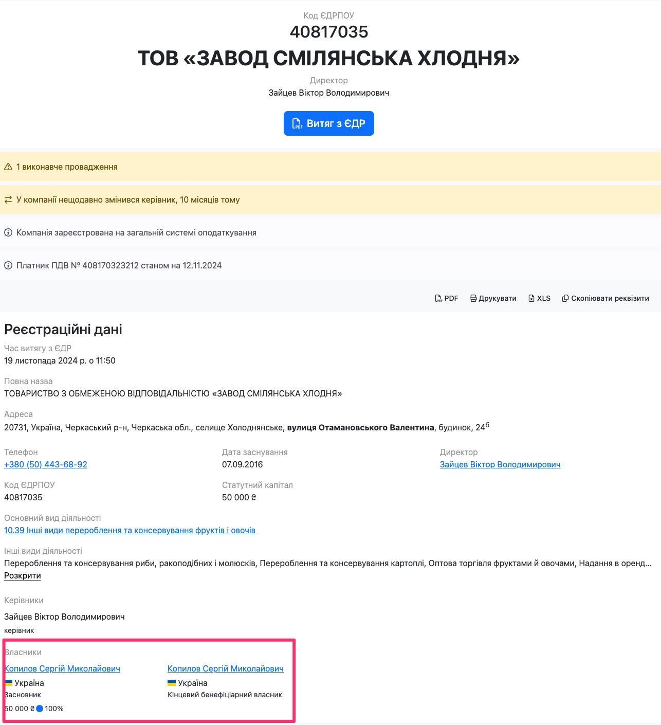 Сведения о ООО ''Смелянская хлодня''