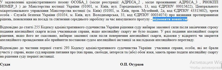Ухвалою суду Марині Прилуцькій у задоволені позову було відмовлено повністю