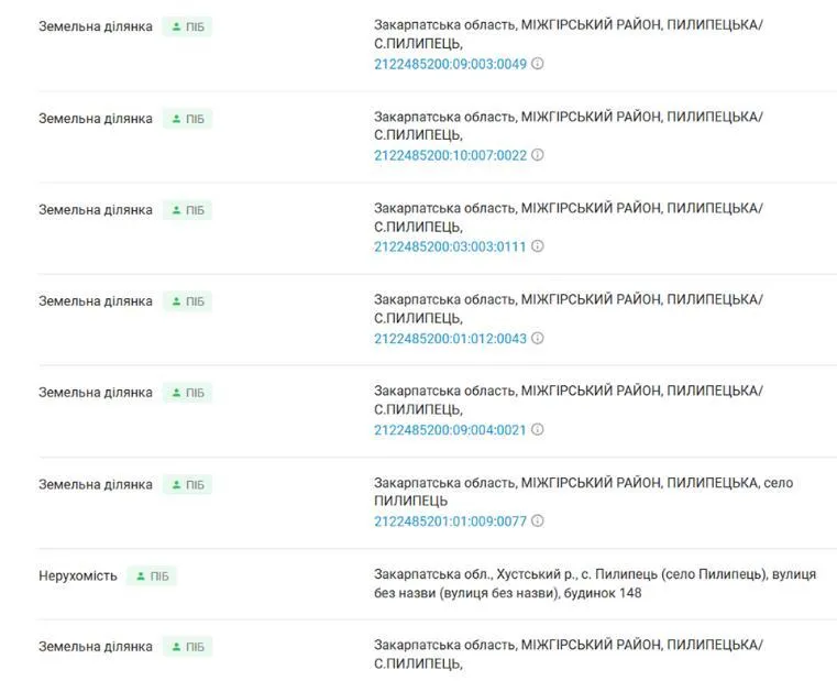 Список земель Ренаты Гусейновой в селе Пилипец