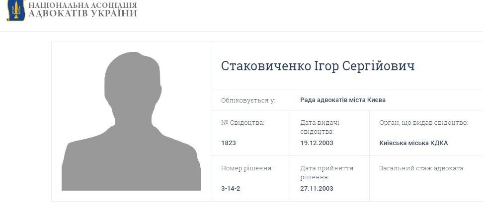 Игорь Стаковиченко зарегистрирован в Киевской городской коллегии адвокатов