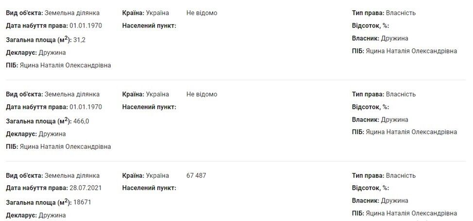 У власності Наталії Яцини 4 земельні ділянки