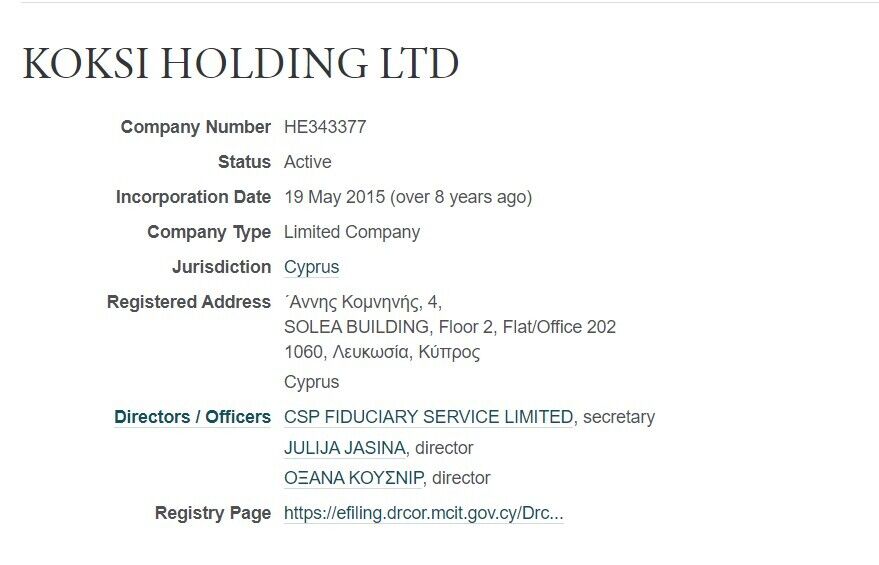 Компанія Koksi Holdings LTD належить Оксані Кушнір
