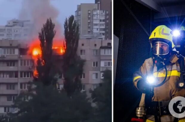Жахлива пожежа в Києві: дев’ятиповерхівка на Шептицького у вогні, чутно крики людей (відео)