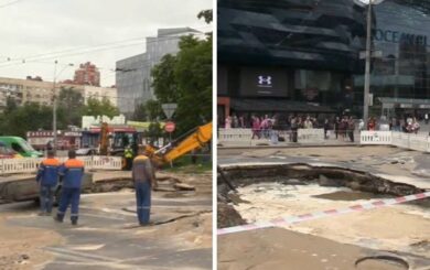 В столице на Лыбидской из-за прорыва трубы затопило улицу, движение транспорта остановлено (видео, эксклюзив)