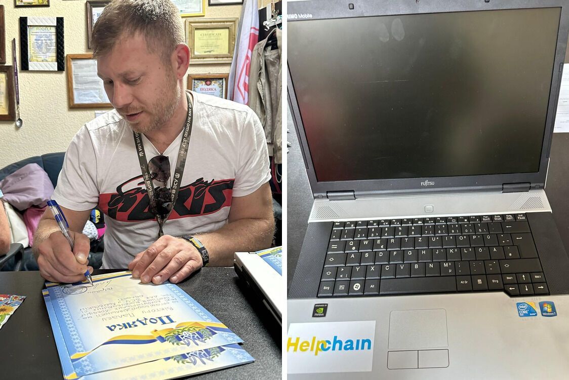 Євген Лащинський - волонтер з Німеччини - вручив Подяки і передав ноутбук для бійців