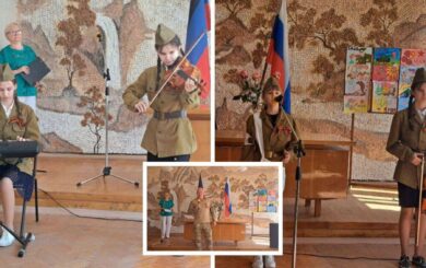 У військовій формі та з георгіївськими стрічками: у Світлодарську окупанти залучили дітей до святкування ”Дня перемоги”