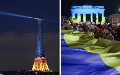 Эйфелевую башню и ворота в Берлине подсветили цветом украинского флага
