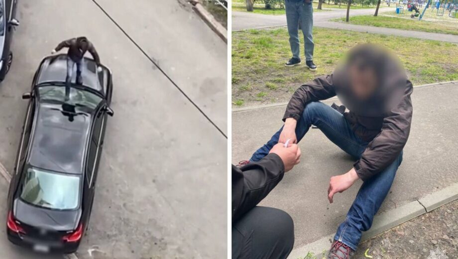Стрибав по авто та бив скло ногами: столичні правоохоронці затримали порушника