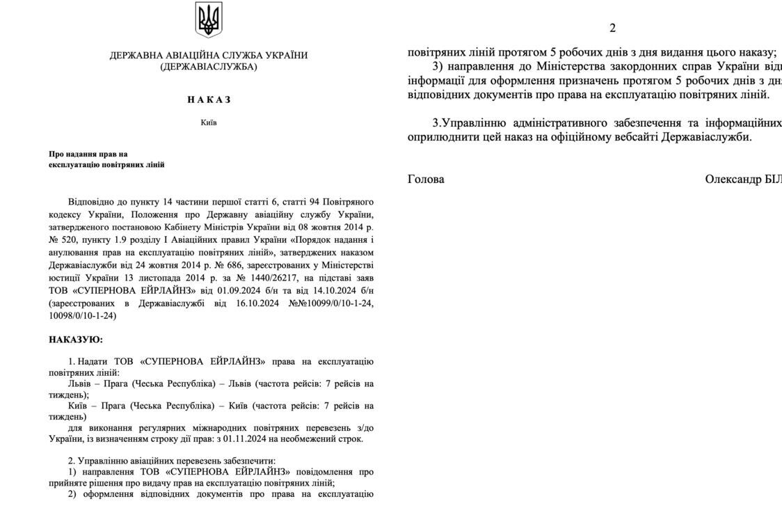 Приказ о предоставлении прав на эксплуатацию воздушных линий
