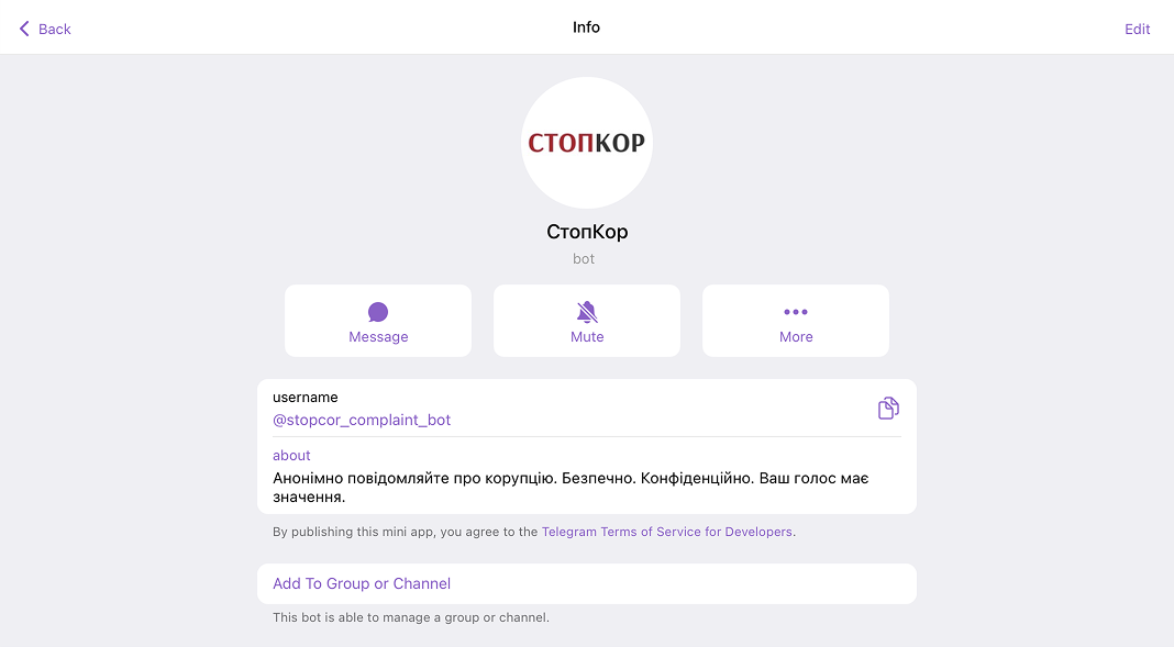 СтопКор відкрив анонімний Telegram-бот для повідомлень про хабарі, схеми і зловживання