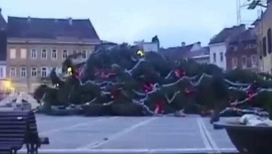 29-метрова новорічна ялинка впала в Румунії: опора не витримала вітру