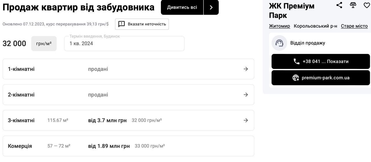 Ціни на квартири у ЖК ''Преміум Парк''