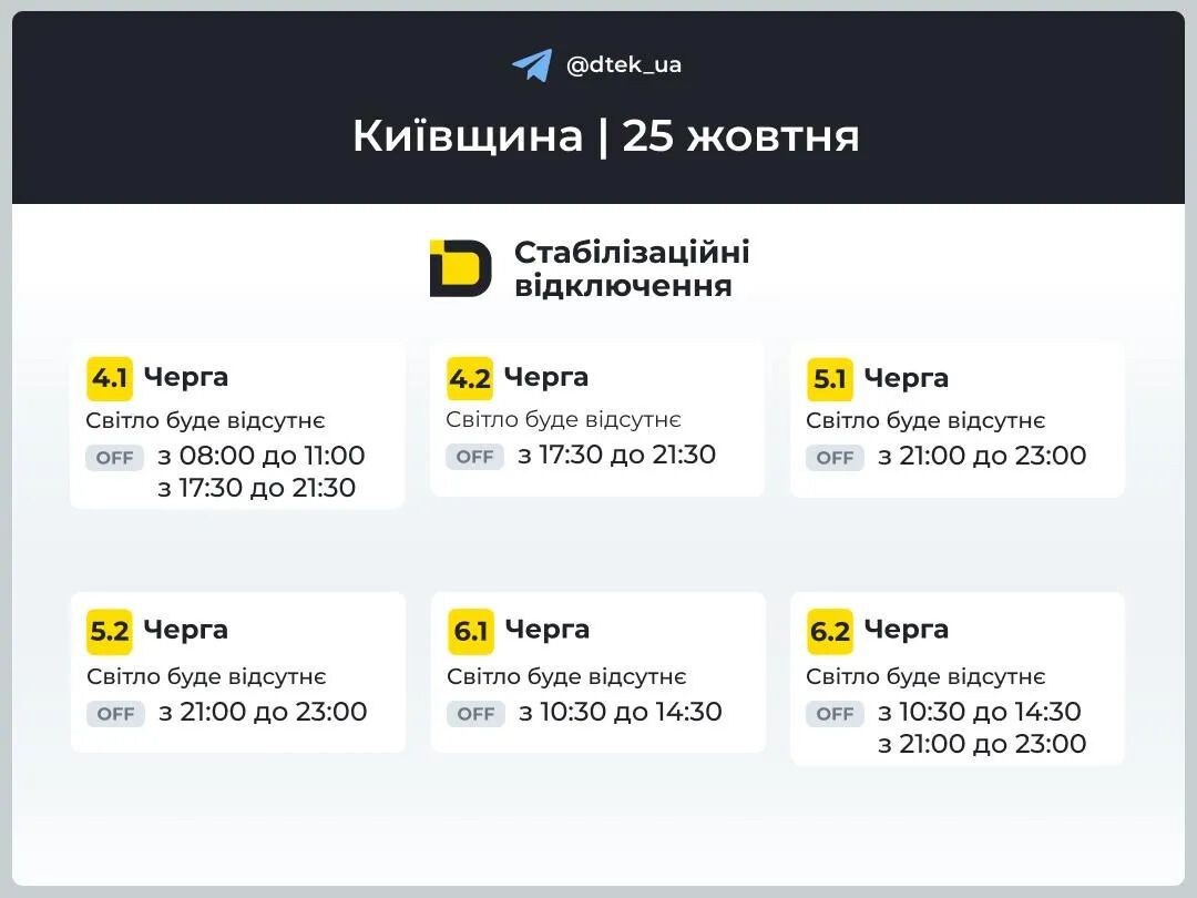 У Києві та області 25 жовтня діятимуть нові графіки відключень світла