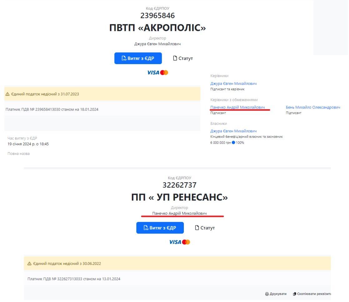 Данные из открытых источников, доказывающие, что Панечко является руководителем и подписантом обеих вышеназванных компаний