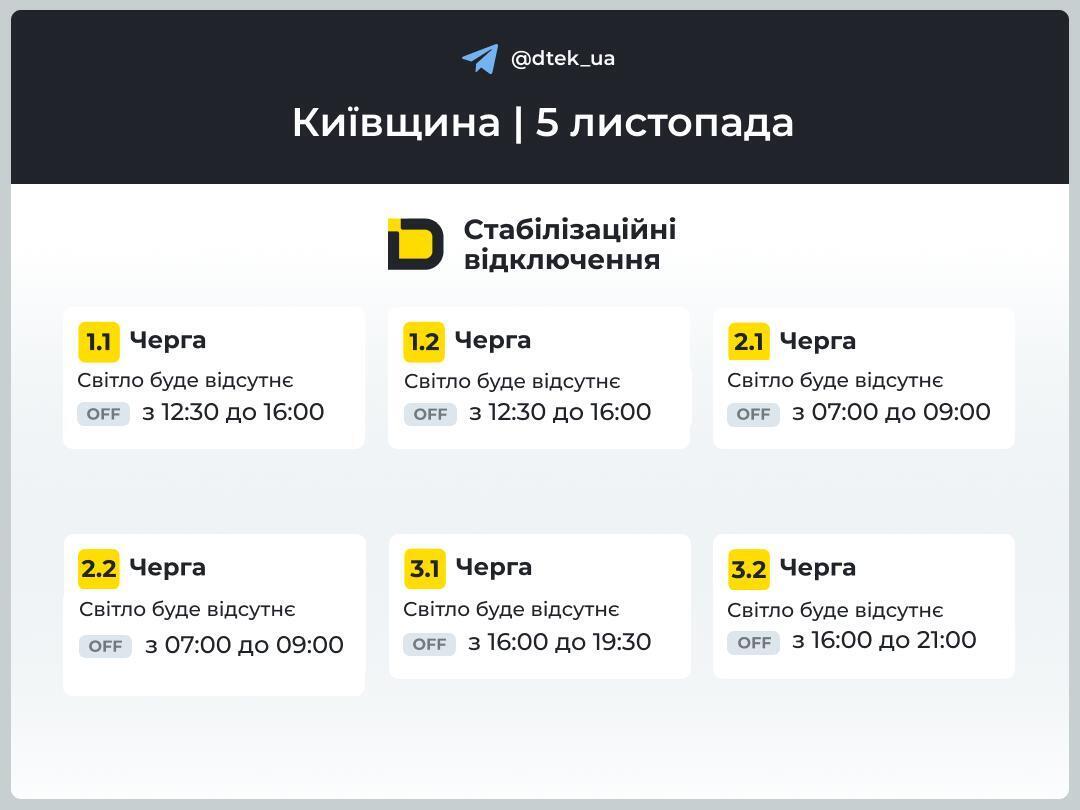 Когда выключат свет 5 ноября: графики для Киевщины от ДТЭК