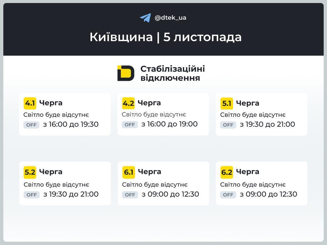 Когда выключат свет 5 ноября: графики для Киевщины от ДТЭК