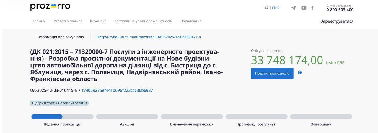 Тендер на проєктування дороги Бистриця–Яблуниця: у Prozorro оголосили роботи на 33,7 млн грн