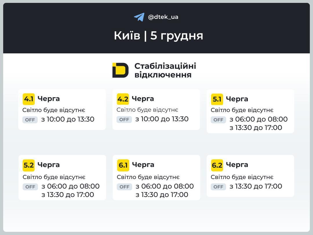 ДТЕК оприлюднив графіки на 5 грудня: у Києві ніч пройде без відключень