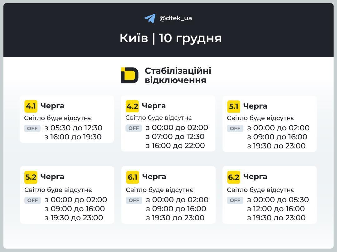 Графіки вимкнень у Києві на 10 грудня: світла може не бути до 15 годин протягом доби