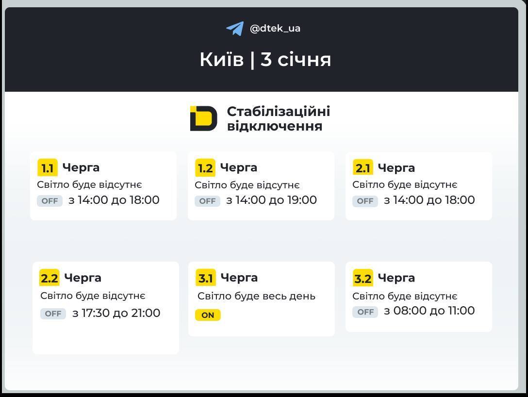 Київ: ДТЕК оприлюднив графіки відключень світла на 3 січня через наслідки ракетних атак