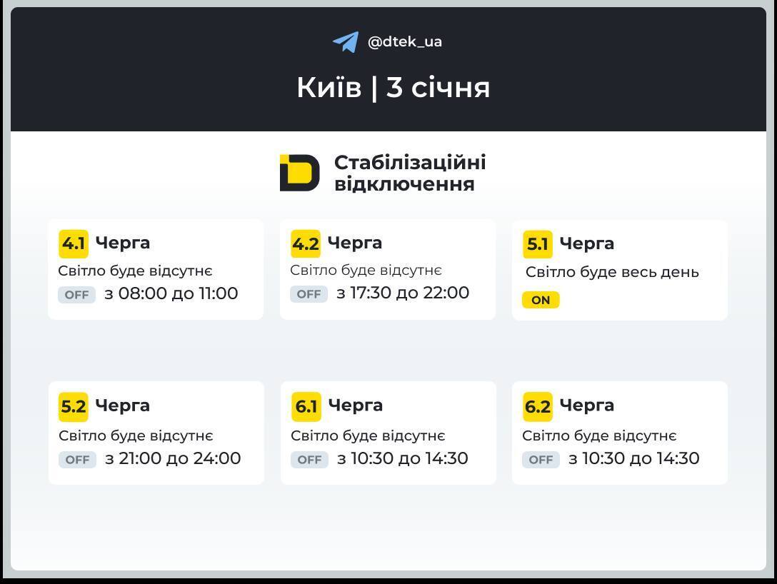 Київ: ДТЕК оприлюднив графіки відключень світла на 3 січня через наслідки ракетних атак