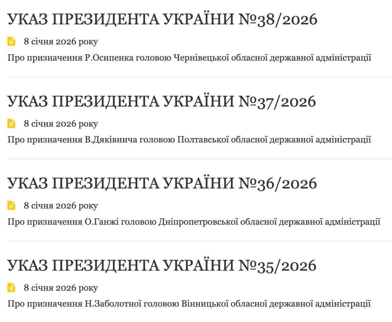 Зеленський підписав укази про призначення очільників Полтавщини, Вінниччини, Буковини та Дніпропетровщини