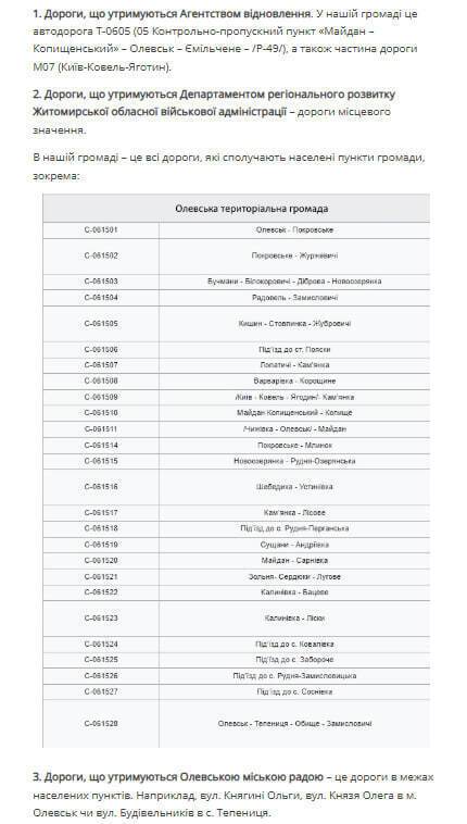 Распределение дорог по категориям по значению в Олевской ОТГ
