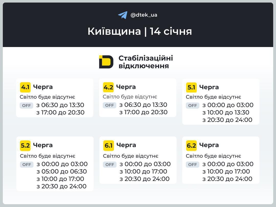 Киев: графики отключения света на 14 января