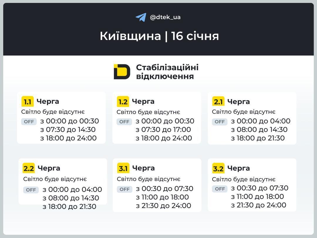 Киев: графики отключения света на 16 января