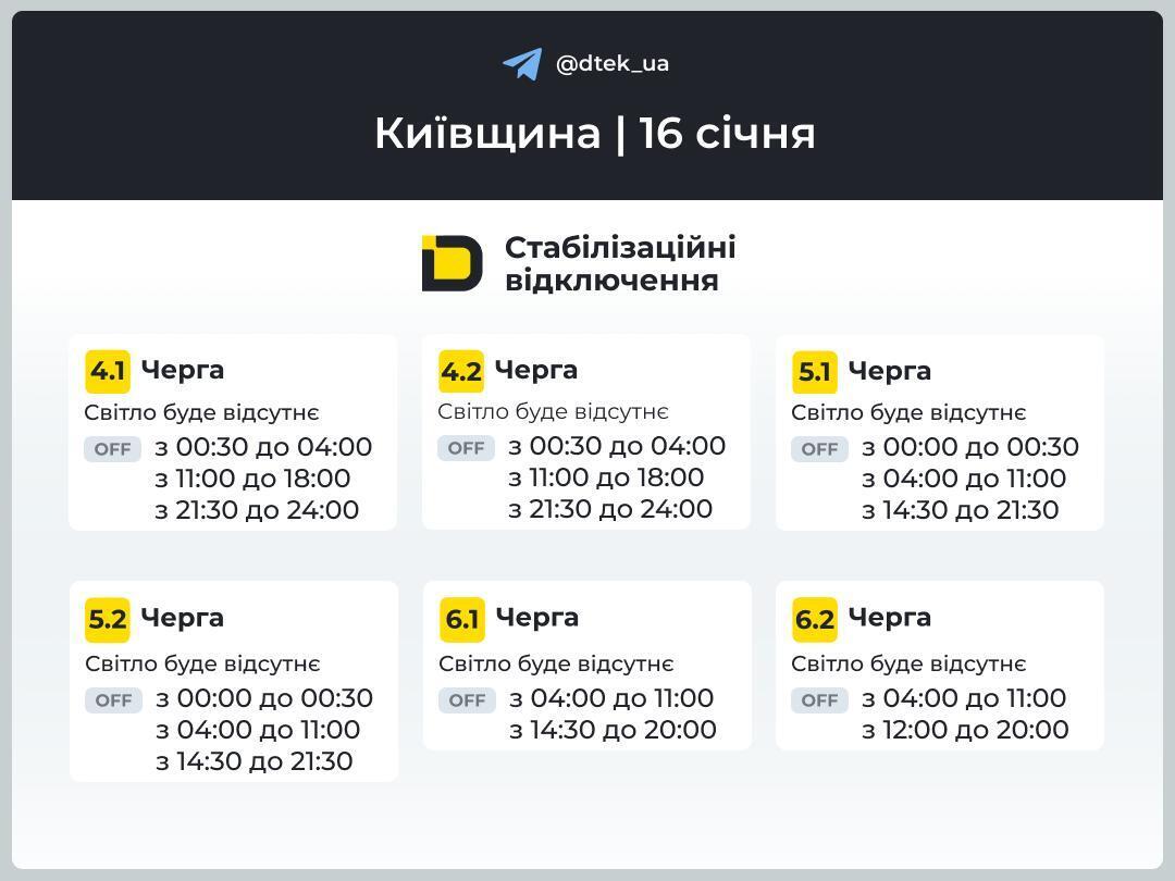 Киев: графики отключения света на 16 января