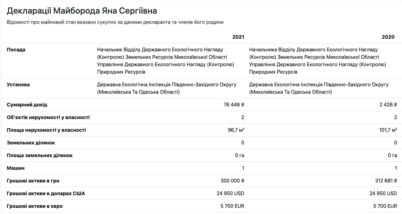 Що декларувала Яна Майборода в часи роботи в ДЕІ Південно-Західного округу
