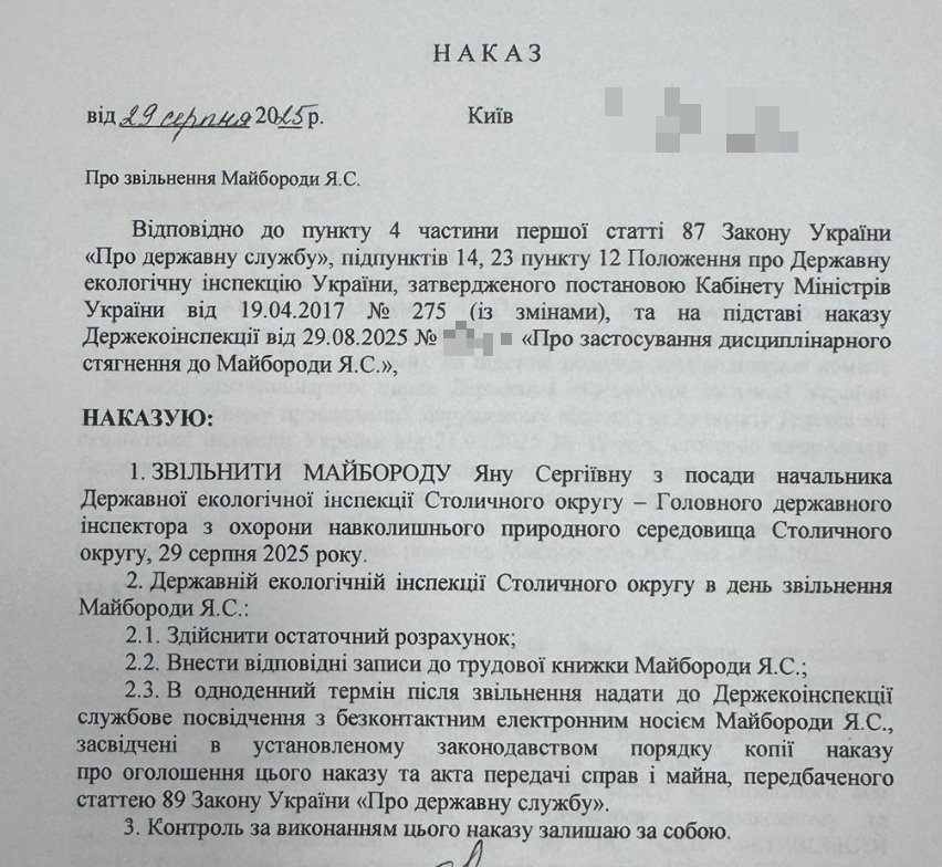 Наказ про звільнення Яни Майбороди від 29.08.2025 року