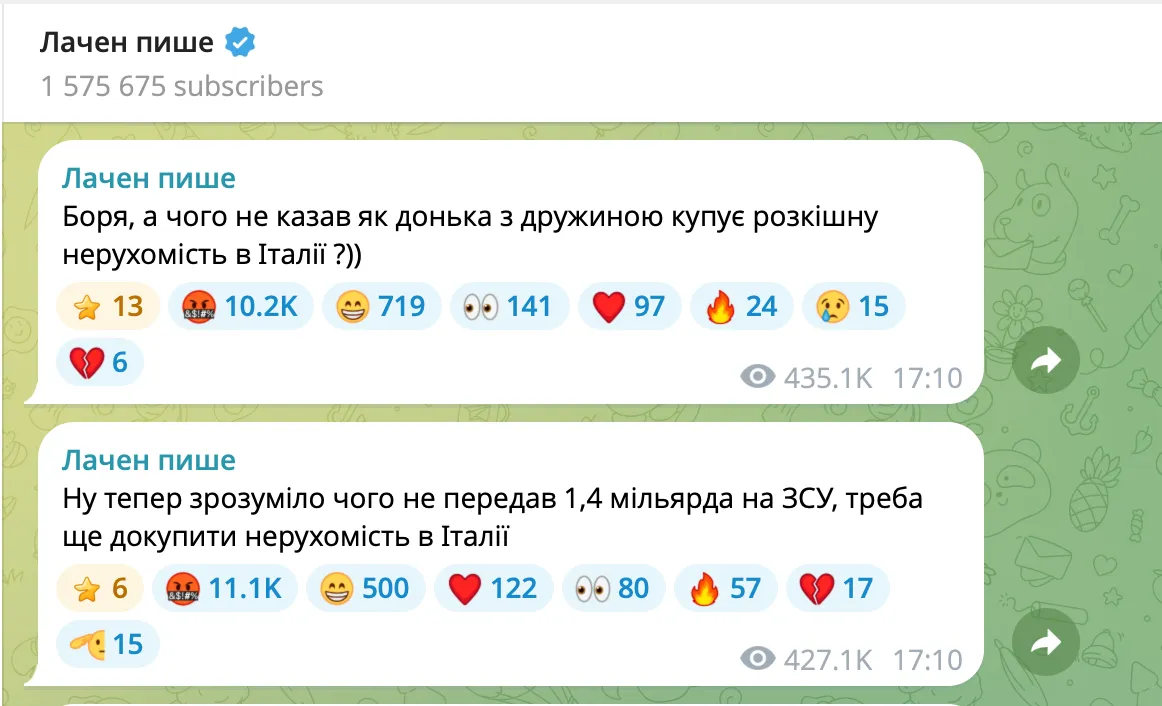 У каналі Лачена італійській нерухомості Філатова присвячено низку дописів