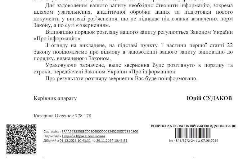 Ответ Волынской областной военной администрации